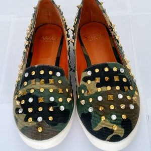 Shelly’s London. Bartunek Rhinestone & Metal Studded Slip-on Flats,  Size 7